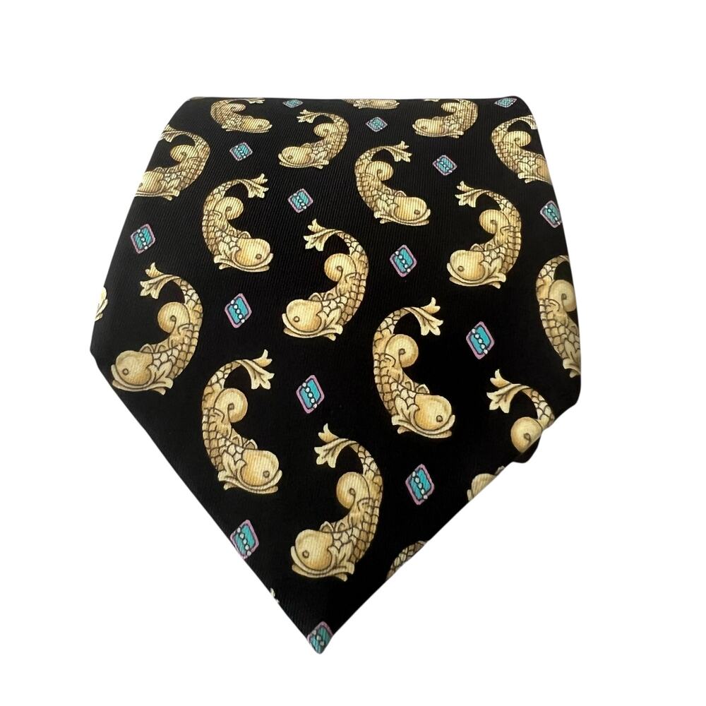 Leonard Paris Black Silk Tie With Gold Koi Fish Print